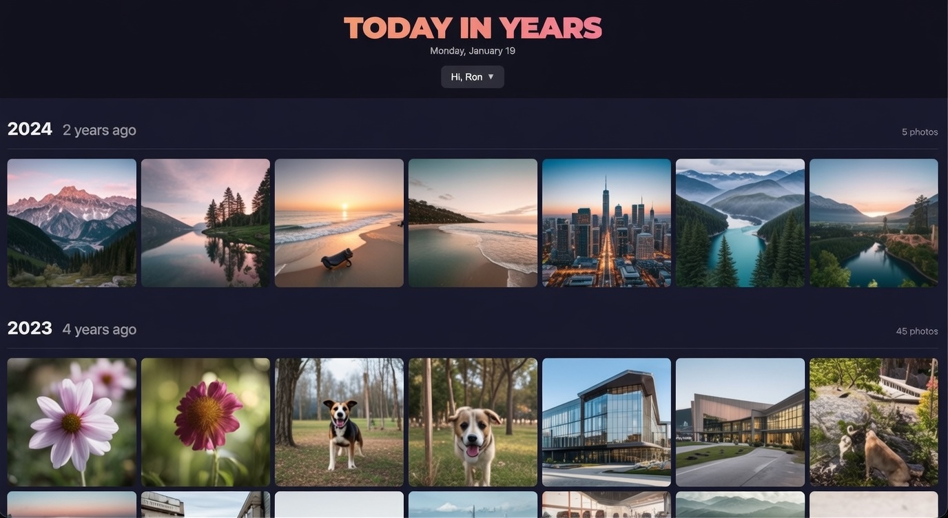 Today in Years showing Synology Photos memories organized by year - desktop view